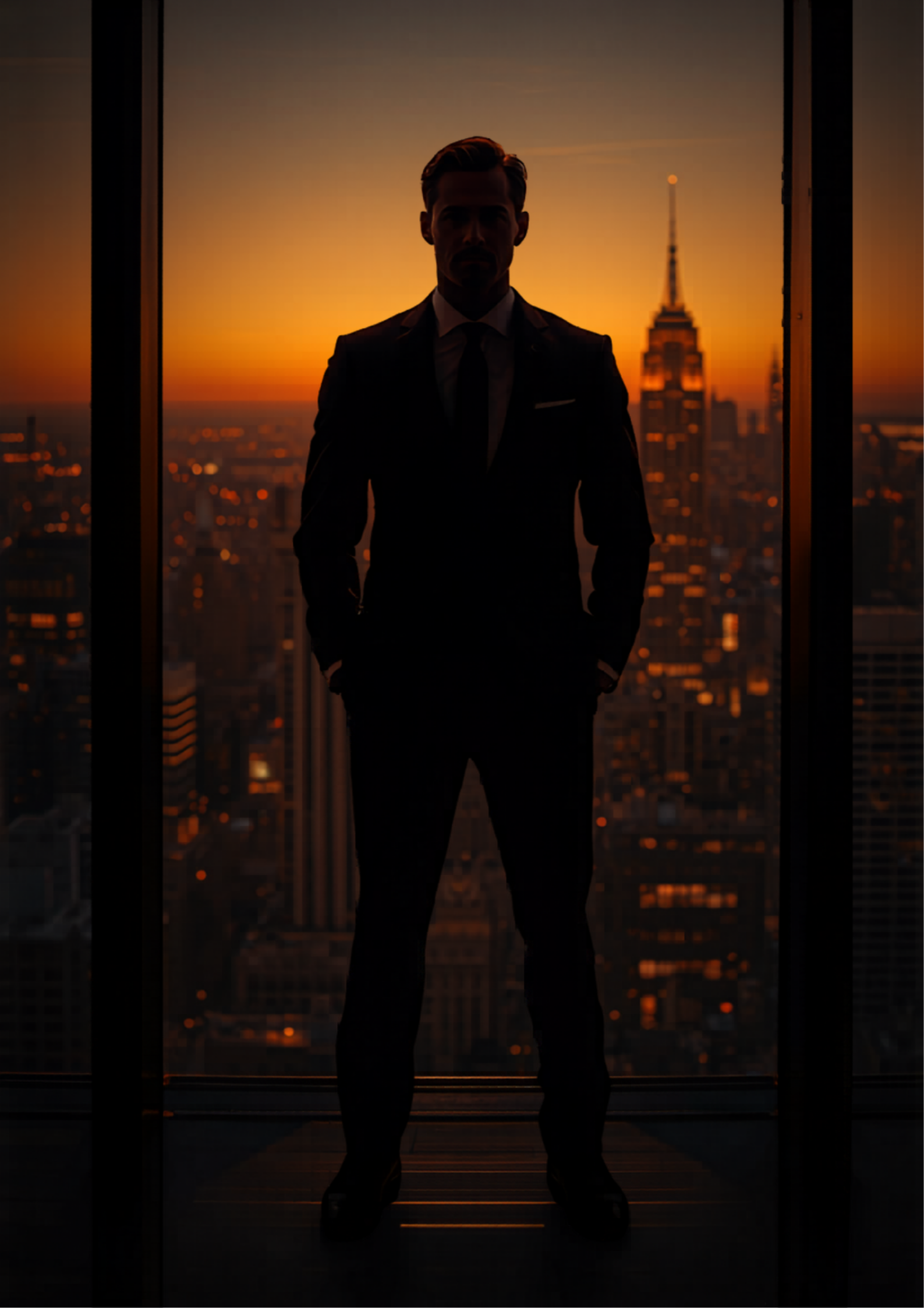 Erfolgreicher Unternehmer steht entspannt am Fenster mit Blick über eine Skyline – fokussiert, ruhig und kraftvoll, nicht gehetzt