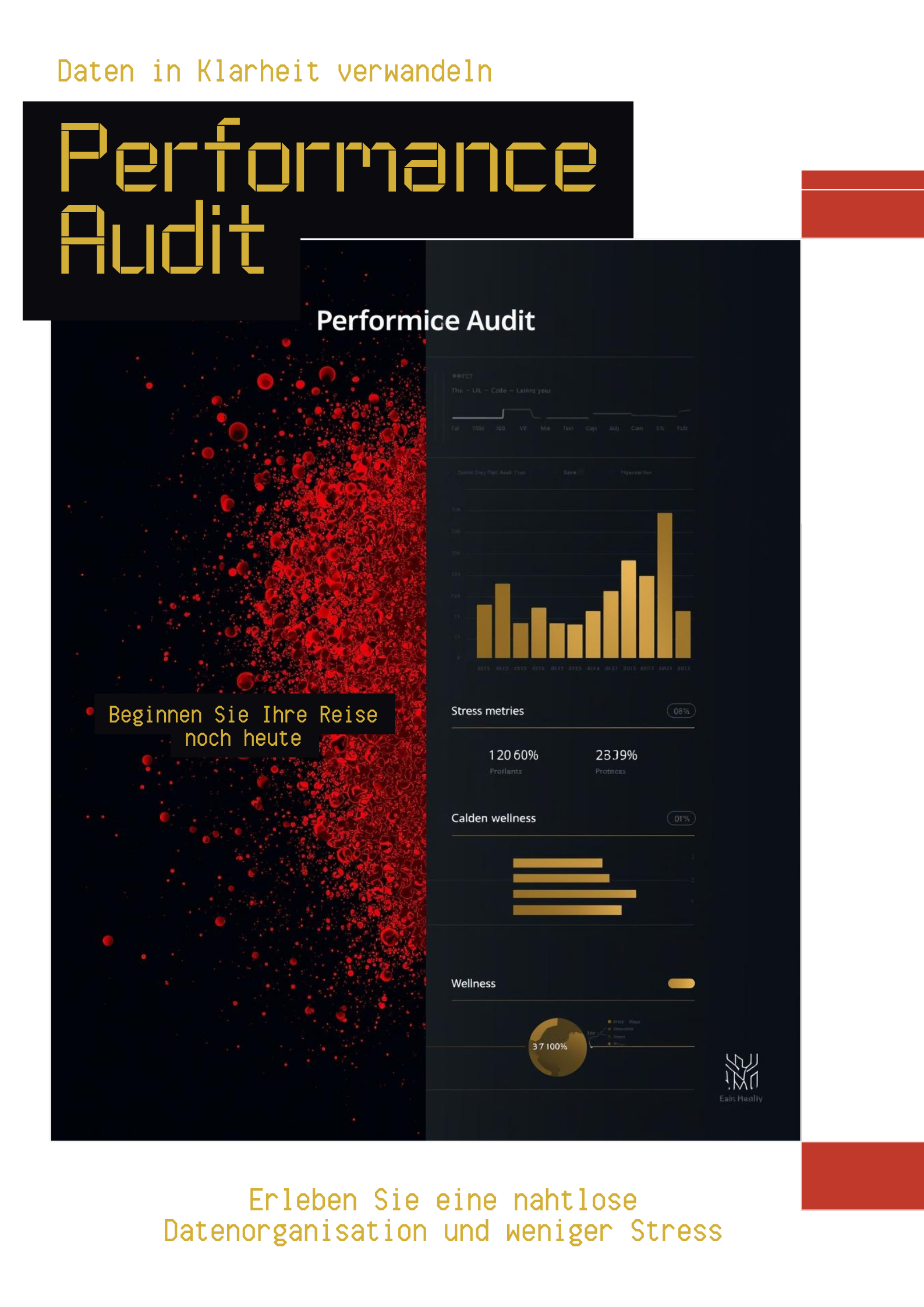 Grafische Darstellung eines Audits – sauber, technisch, elegant. Ein Dashboard, das von Chaos/Rot zu Ruhe/Gold übergeht und die Optimierung visualisiert.