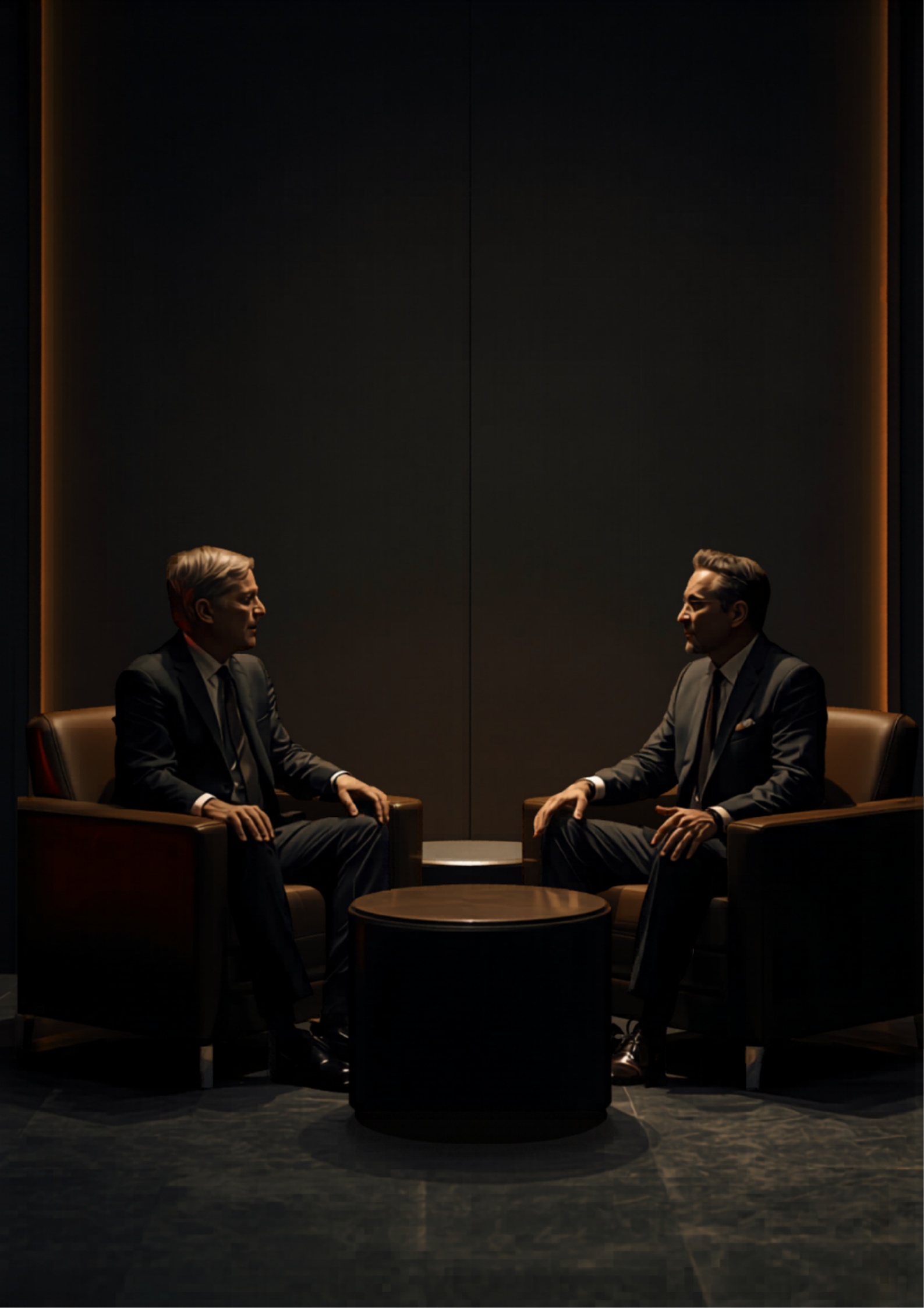 Hochwertige, minimalistische Business-Lounge: Zwei Personen in einem tiefen, vertraulichen Gespräch – Exklusivität und gegenseitiger Respekt