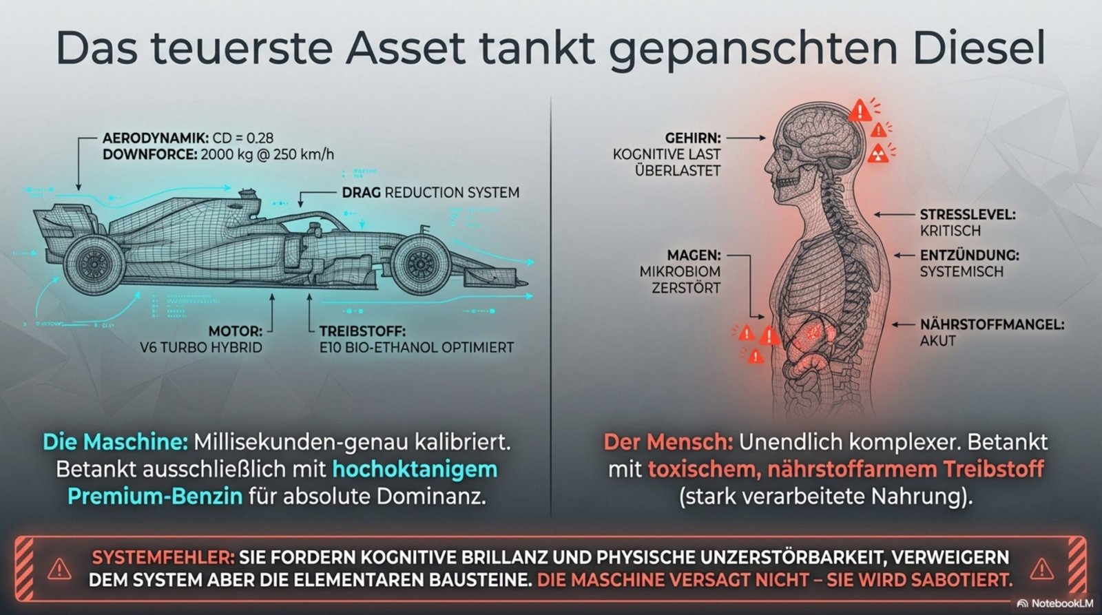 Das teuerste Asset tankt gepanschten Diesel – Vergleich Formel-1 Wagen und menschlicher Körper