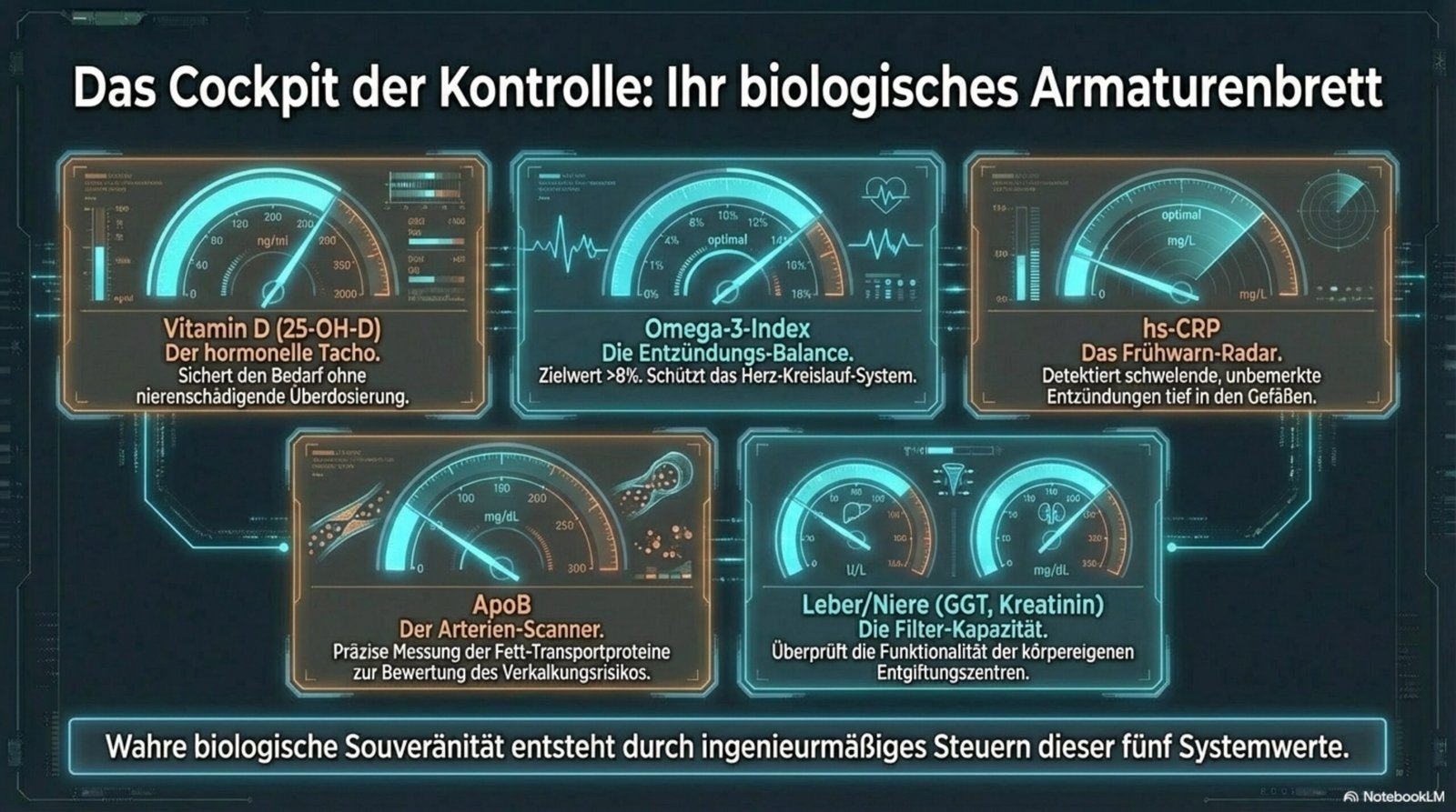 Das Cockpit der Kontrolle: Ihr biologisches Armaturenbrett – Vitamin D Tacho, Omega-3-Index Entzündungs-Balance, hs-CRP Frühwarn-Radar, ApoB Arterien-Scanner, Leber/Niere Filter-Kapazität
