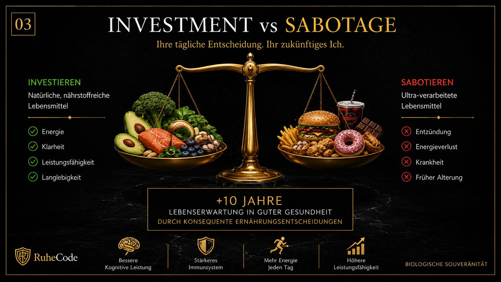 System-Bilanz: Investment vs. Sabotage – Vergleich nährstoffdichte Ernährung vs. hochverarbeitete Nahrung